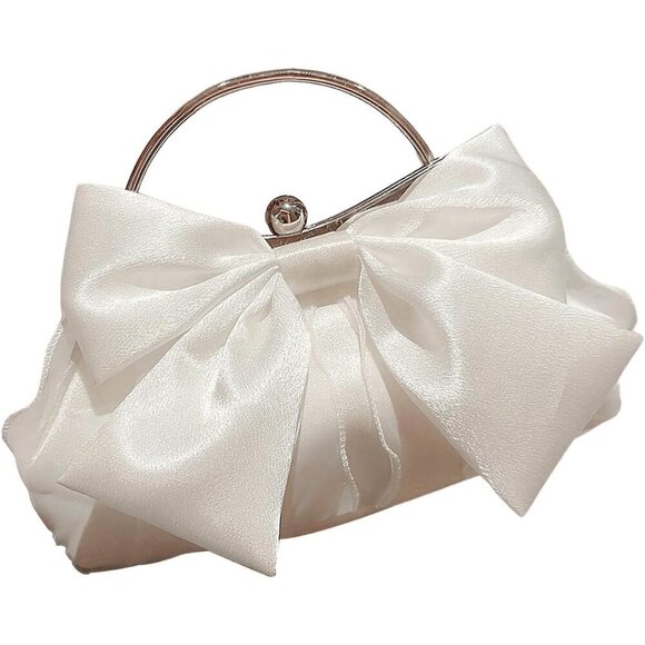 Accessories - Women's White Polyester Cute Bow Decor Clutch Evening Crossbody Purse